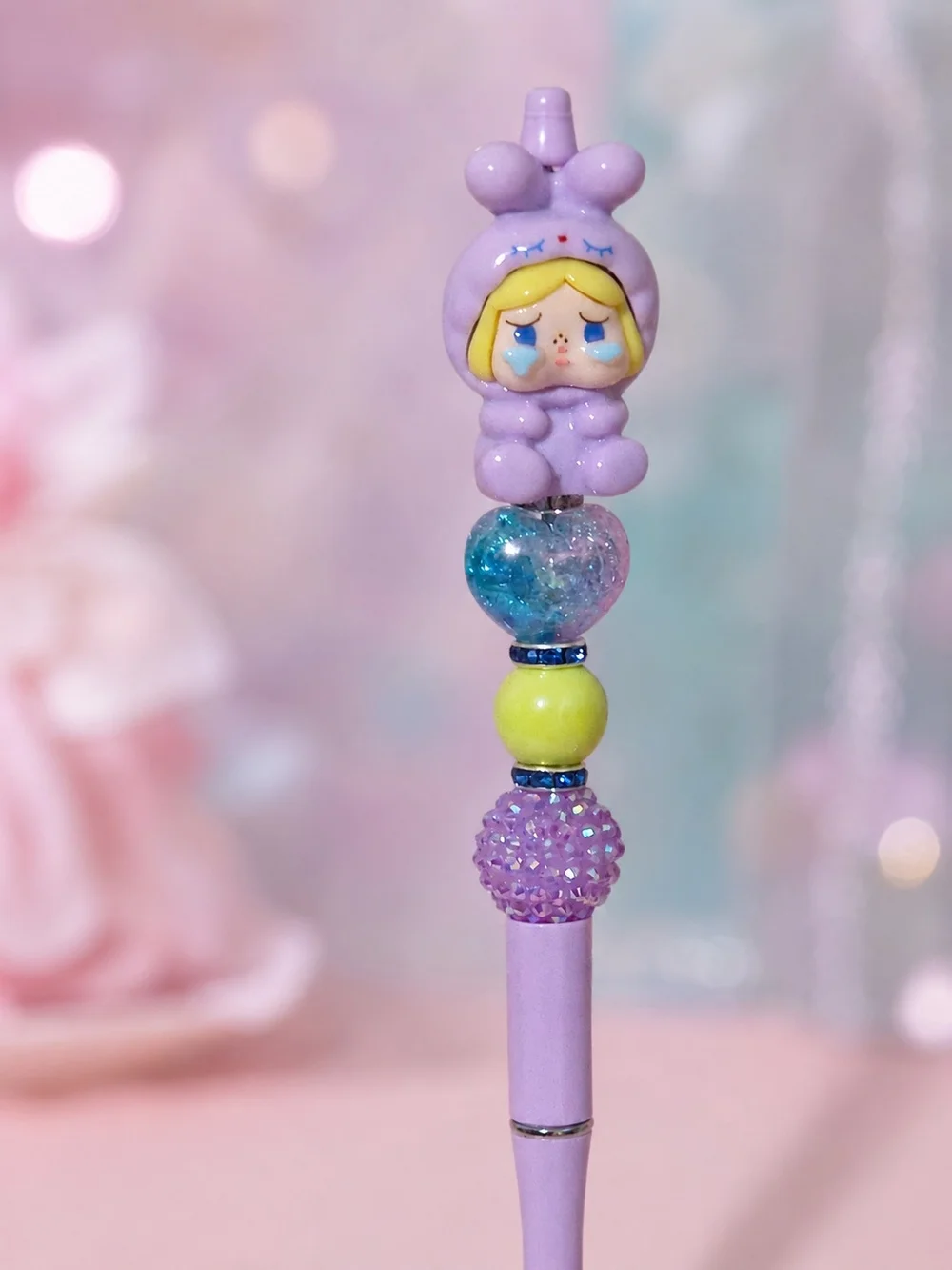 Cry Baby Bunny Girl Handmade Beaded Pen – Lavender, Blue & Yellow